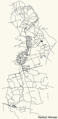Fototapeta na wymiar Detailed navigation urban street roads map on vintage beige background of the quarter Handorf district of the German capital city of Münster-Muenster, Germany