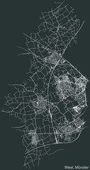 Detailed negative navigation urban street roads map on dark gray background of the quarter West district of the German regional capital city of Münster-Muenster, Germany