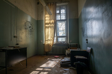 An old room in an abandoned hospital. Big window. Light passing through the window. Shabby walls. The interior of an abandoned building.