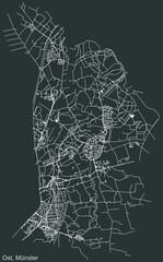 Detailed negative navigation urban street roads map on dark gray background of the quarter Ost district of the German regional capital city of Münster-Muenster, Germany