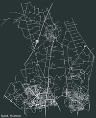 Detailed negative navigation urban street roads map on dark gray background of the quarter Nord district of the German regional capital city of Münster-Muenster, Germany