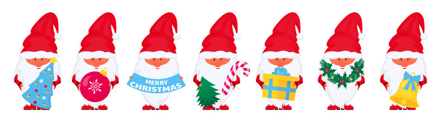 Christmas gnomes vector set for New Year holidays