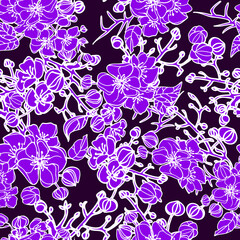 Hand drawn repeat pattern with purple roses, vector illustration of beautiful flowers. Stock vector illustration.