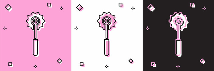 Set Pizza knife icon isolated on pink and white, black background. Pizza cutter sign. Steel kitchenware equipment. Vector Illustration