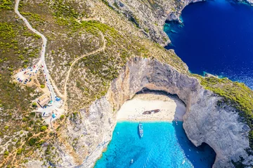 Fotobehang Navagio Beach, Zakynthos, Griekenland Aerial drone view of the famous Shipwreck Navagio Beach on Zakynthos island, Greece. Greece iconic vacation picture.