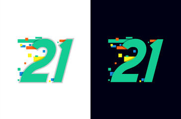 Colorful digital number 21 logo with pixel icon. Fast technology
