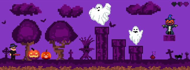 Halloween pixel game. Retro art games. 8-16 bit pixel platformer game resource. Vector illustration