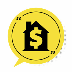 Black House with dollar symbol icon isolated on white background. Home and money. Real estate concept. Yellow speech bubble symbol. Vector