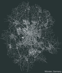 Detailed negative navigation urban street roads map on dark gray background of the German regional capital city of Münster-Muenster, Germany