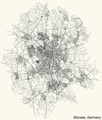 Detailed navigation urban street roads map on vintage beige background of the German regional capital city of Münster-Muenster, Germany