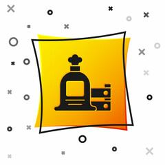 Black Full sack and wooden box icon isolated on white background. Yellow square button. Vector