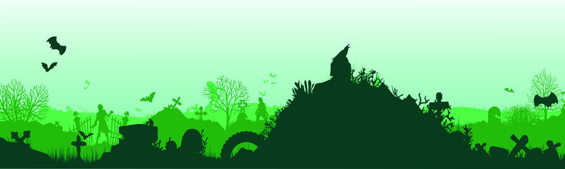 Panoramic silhouette of a cemetery with zombies.
Halloween holiday. Landscape with dead people, monsters and crosses. Spooky illustration
Vector illustration for Halloween. eps 10