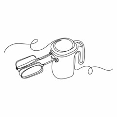 Vector illustration continuous one single line drawing of electric hand held mixer in silhouette on a white background. Linear stylized.