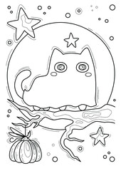 Cartoon page for coloring book with a ghost cat, hand-drawn vector illustration.