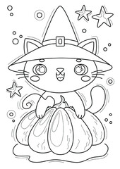Coloring page with cat in a witch hat and pumpkin, hand-drawn vector illustration.
