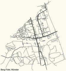 Fototapeta na wymiar Detailed navigation urban street roads map on vintage beige background of the quarter Berg Fidel district of the German capital city of Münster-Muenster, Germany