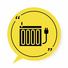 Black Heating radiator icon isolated on white background. Yellow speech bubble symbol. Vector