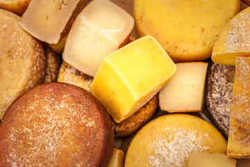 A few natural craft cheeses made in the traditional way arranged in a box during a local country fair, several sorts of cheese are produced by farmer