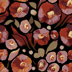 Colorful brown seamless vector pattern with abstract flowers and plants. Colored hand drawn decorative poppies on black background. Floral vector texture, print.
