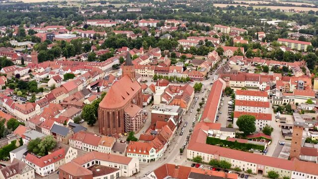 Drone flight around St. Mary's Church in Beeskow in the district of Brandenburg in Germany