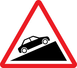 Steep uphill slope moving car warning sign on mountain road. Red triangle background.