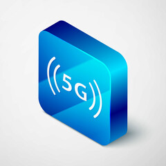 Isometric 5G new wireless internet wifi connection icon isolated on grey background. Global network high speed connection data rate technology. Blue square button. Vector