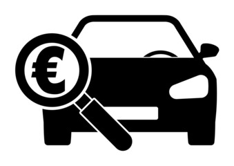 ngi1305 NewGraphicIcon ngi - german: Auto mit Lupe . Fahrzeugankauf - Auto verkaufen / Gebrauchtwagen . english: car with magnifying glass - car sale / used cars icon . DIN A4 g10786