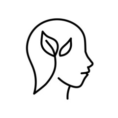 Concept of eco mind icon. Flat human head with green plant pictogram for web. Line stroke. Simple grow symbol isolated on white background. Outline ecology protect icon vector eps10