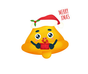 Cute bell holding gift with santa hat for merry christmas illustration Premium Vector