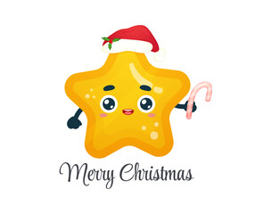 Cute little star holding candy cane with santa hat for merry christmas illustration Premium Vector