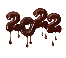 Number 2022 is made of melted chocolate isolated on white background
