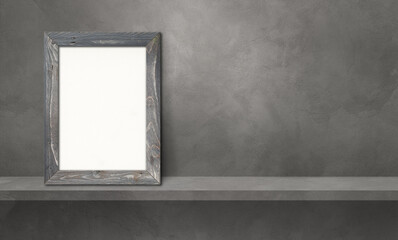 Wooden picture frame leaning on a grey shelf. 3d illustration. Horizontal banner