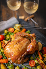 Festive dinner for two of chicken and vegetables. baking sheet with baked chicken and baked green beans, baby carrots, potatoes, green peppers and Brussels sprouts. two glasses of wine.