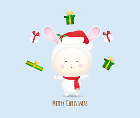 Cute baby santa costume with gift for merry christmas illustration set Premium Vector