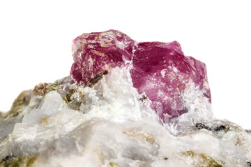 Macro mineral stone Ruby in rock on white background