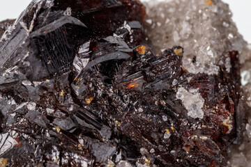 Macro of mineral Sphalerite stone on microcline on white background