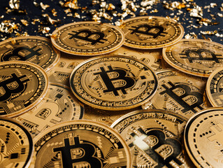 Fototapeta na wymiar Bitcoins with pieces of golden leaves on black background. Creative cryptocurrency or blockchain concept. Stock Market, digital gold money and stock business. Flat lay.
