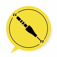 Black Audio jack icon isolated on white background. Audio cable for connection sound equipment. Plug wire. Musical instrument. Yellow speech bubble symbol. Vector