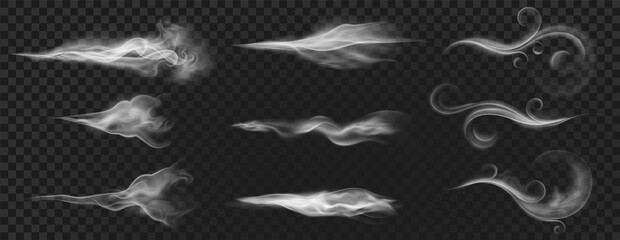 Realistic wind blow swirls, smoke air or hot steam. Curved flow waves, mist, aroma or perfume clouds effect. White blowing stream vector set