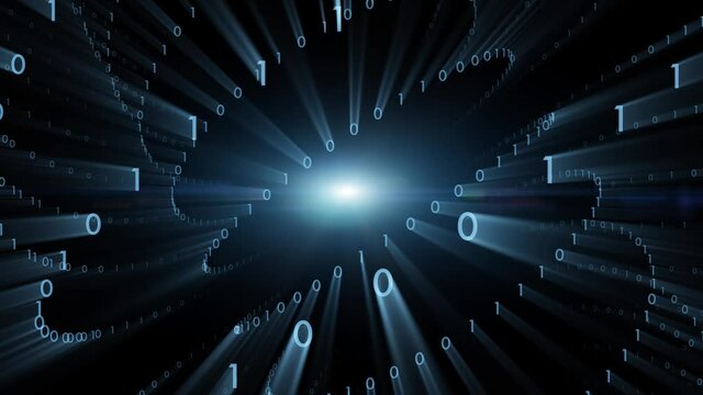 Digital computer binary numbers rotation with lens flare light background animation.