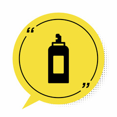 Black Paint spray can icon isolated on white background. Yellow speech bubble symbol. Vector
