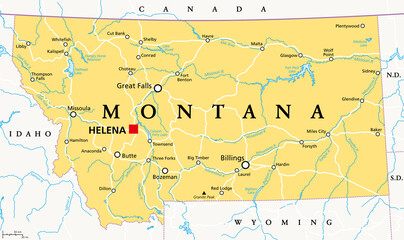 Montana, MT, political map with the capital Helena. State in the Mountain West subregion of the Western United States of America, nicknamed Big Sky Country and The Treasure State. Illustration. Vector - obrazy, fototapety, plakaty