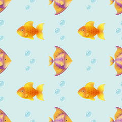 Vector cute tiny goldfishes and shiny exotic tropical fishes seamless pattern. Colorful kids aquarium background with bubbles