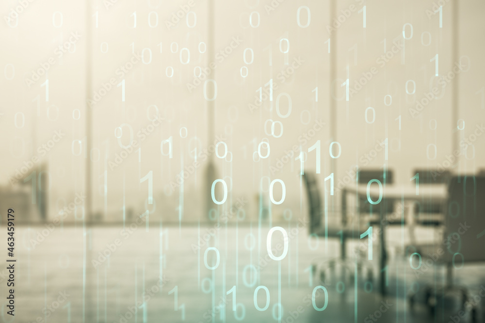 Poster abstract virtual binary code hologram on a modern coworking room background, ai and machine learning