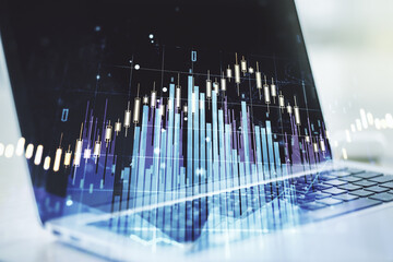 Multi exposure of abstract creative financial chart on computer background, research and analytics concept