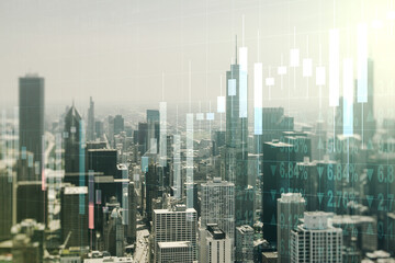Multi exposure of virtual abstract financial graph interface on Chicago cityscape background, financial and trading concept