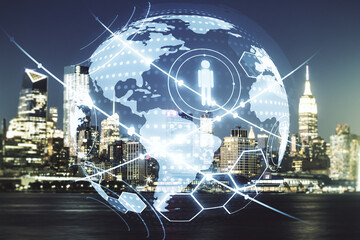 Virtual social network hologram and world map on New York city skyline background. Multiexposure