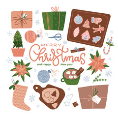 Traditional Christmas Treat and Winter Holiday Dessert with Candy Cane and Gingerbread Cookie Set. Preparing for the new year. Flat vector illustration.