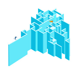 Isometric 3D business concept environment, Business people in maze, finding the way, solution, compete against each other