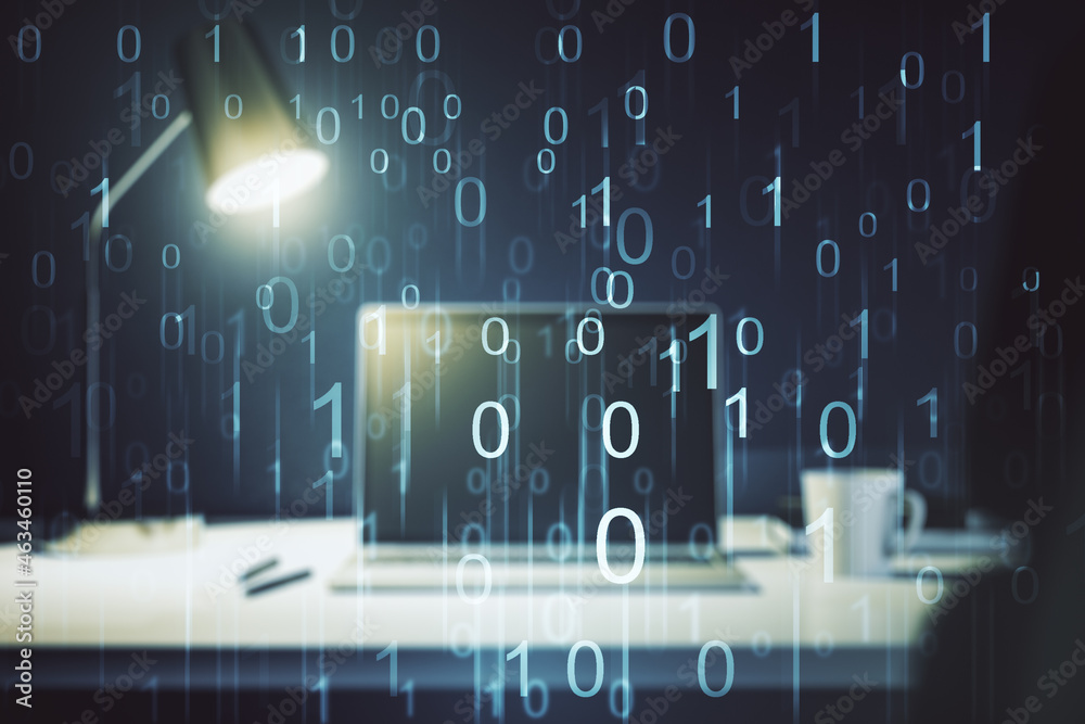 Aufkleber creative abstract binary code sketch on modern laptop background, hacking and matrix concept. multie